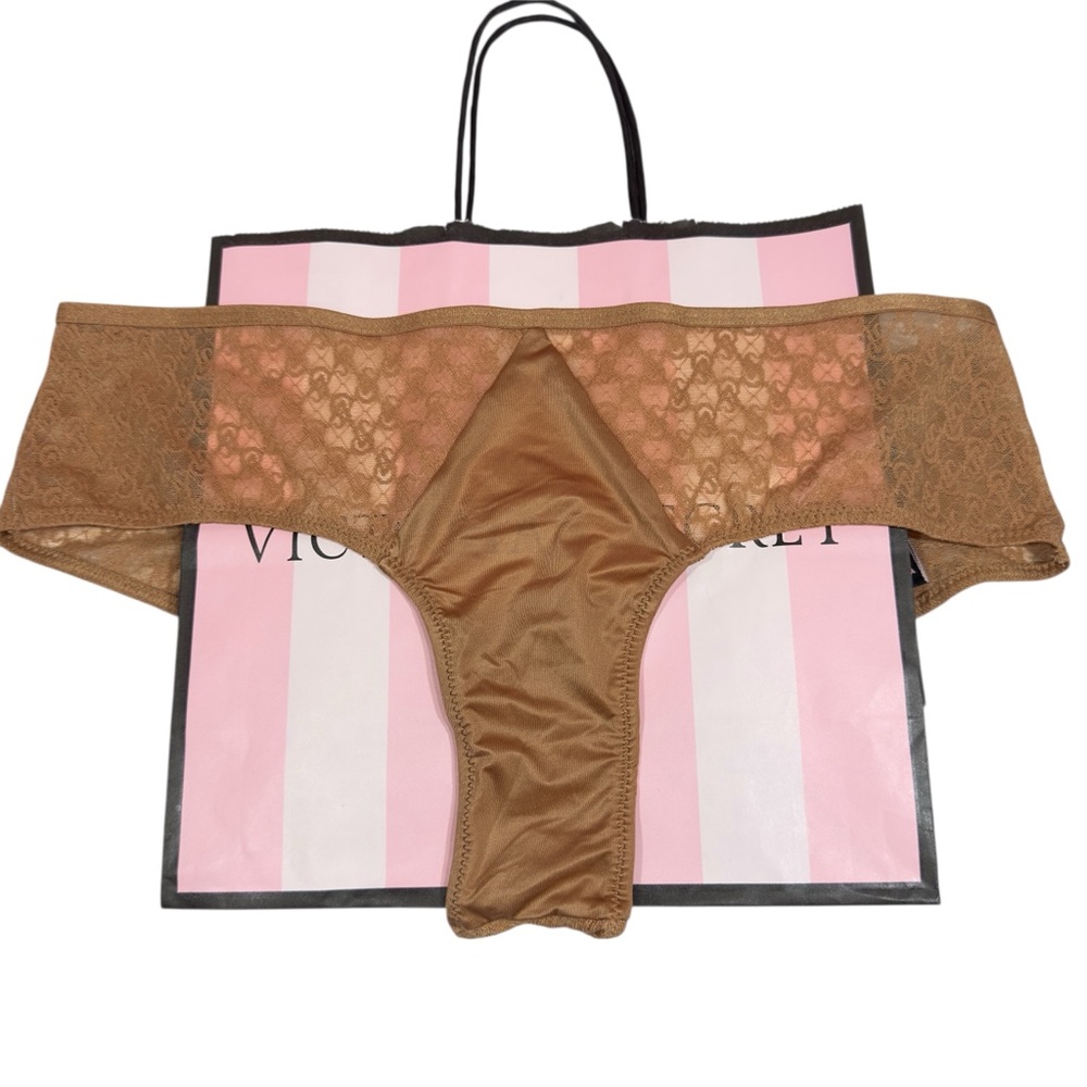Victoria’s Secret Tan Satin‎ & Sheer Mesh Cheeky Panty NWT Size Medium